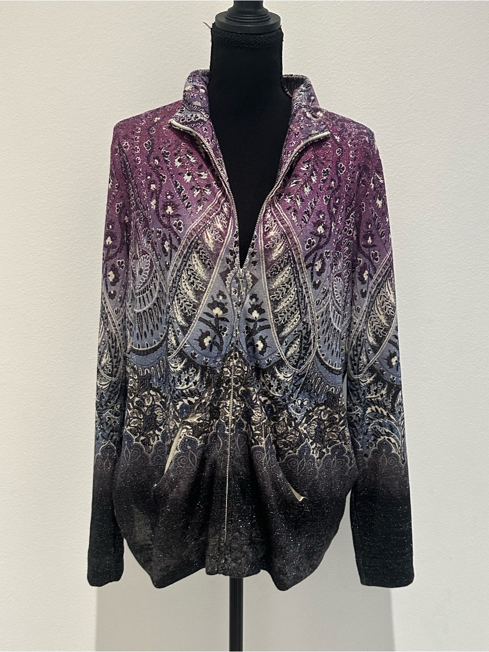 Women's Purple Ombre Paisley Zip Cardigan Sweater
